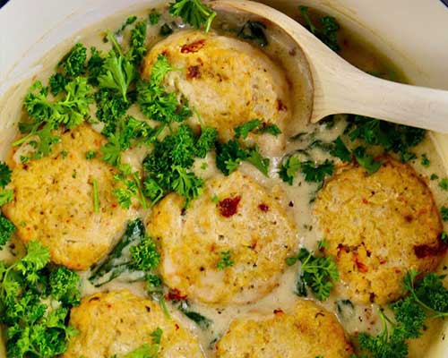 Baked Chicken Ricotta Meatballs with Spinach Alfredo