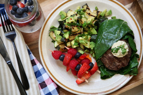 Burgers Wrapped in Swiss Chard with Zucchini Salad & Fruit Kabobs