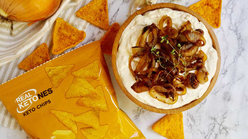 French Onion Dip with Spicy Nacho Cheese Keto Chips