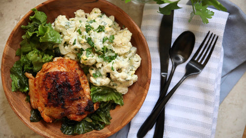 BBQ Chicken Thighs with It’s-Cauliflower-Not-Potato Salad