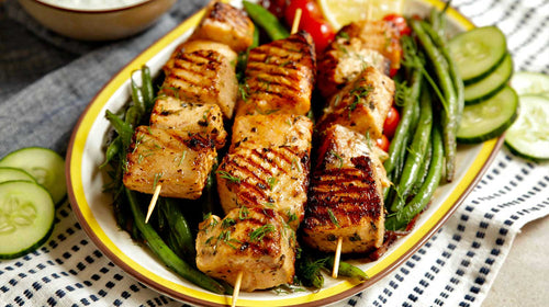 Salmon Kabobs with Green Beans & Tomatoes